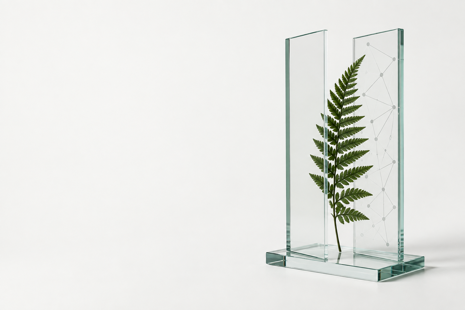 A green fern sheltered between translucent glass panels etched with a delicate network pattern.